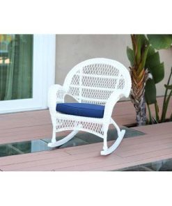 White Wicker Rocking Chair with Blue Fabric Cushions